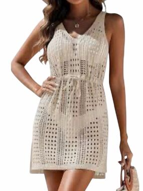 AIMAGE Crochet Swim Coverup Size S Cream Knit Sheer Boho Beach Dress Tie Waist